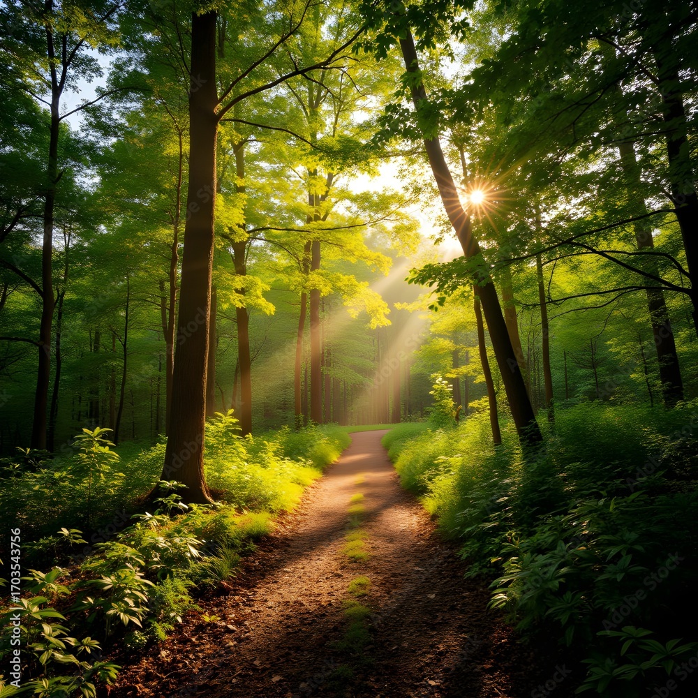 Obraz premium Serene Forest Path Illuminated by Sunlight Through Green Trees