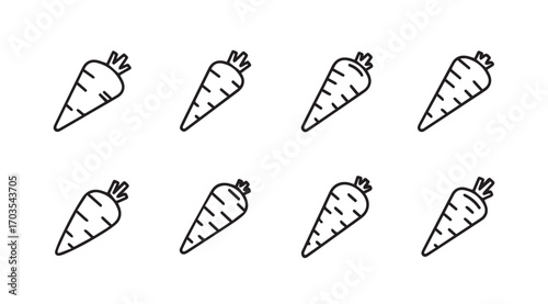 Eight simple black and white carrot silhouettes in a grid pattern