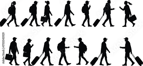 Silhouettes of people walking, carrying luggage, backpacks, and bags, travel concept, urban lifestyle, commuters, casual wear, diverse pedestrians, communication, movement
