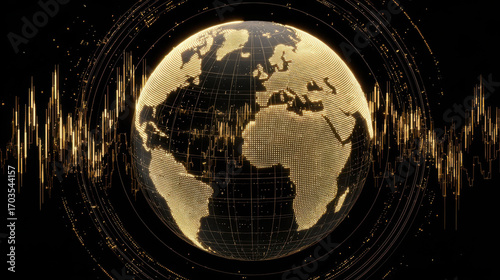 A digital representation of Earth with golden continents and sound wave patterns radiating outward, symbolizing connectivity and global communication.