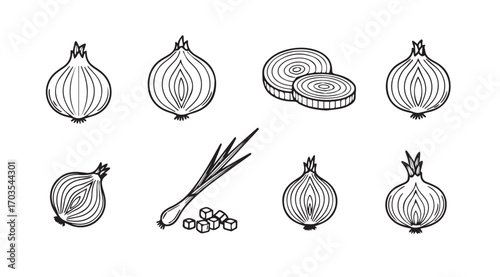 Collection of hand drawn onion and lemongrass illustrations in a silhouette style
