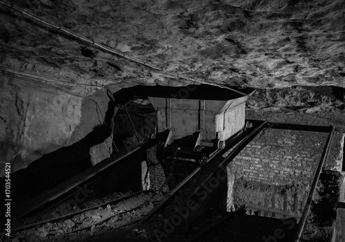 Canvastavla old  minecart  in underground mine and ore