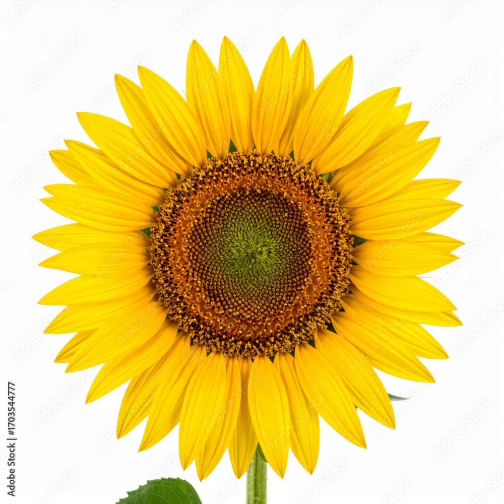 Fototapeta premium Vibrant Yellow Sunflower Blossom with Green Center Against White Background