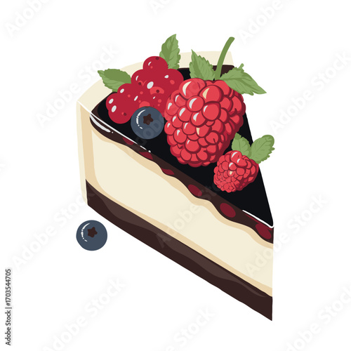 A slice of creamy cheesecake topped with raspberries, blueberries, currants, and mint leaves in a flat style on a white background
