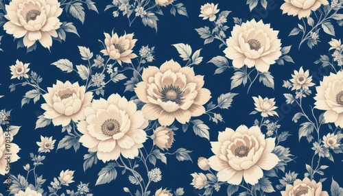Oriental Vintage Floral Indigo and Cream Chinoiserie Seamless Pattern. Roses, Peonies, and Delicate Foliage Motifs.