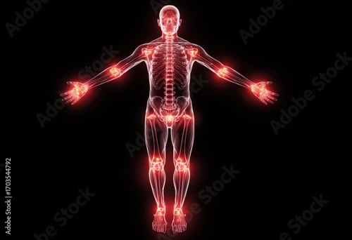 Human skeletal system with highlighted joints