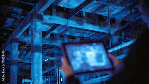 handheld tablet screen showing infrared signature of exposed piping while worker scans ceiling framework