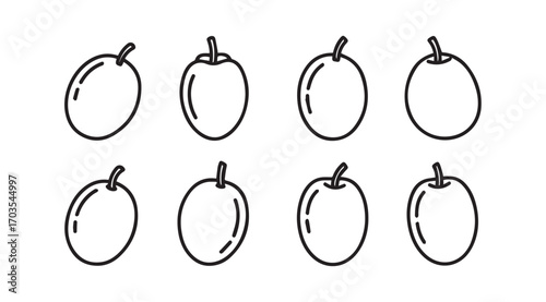 Collection of eight oval shaped fruits in a simple black and white silhouette