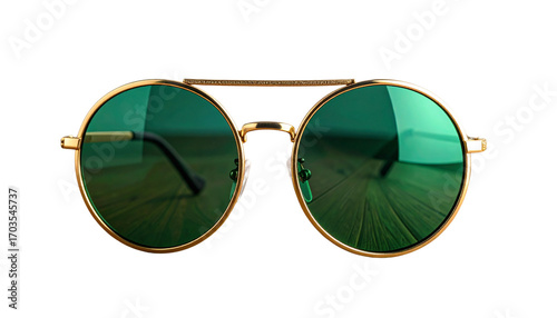 Green fashion sunglasses isolated on a white background, highlighting their sleek plastic style and protective lenses