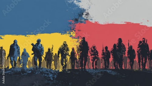 Military figures marching across a background with blended flag colors