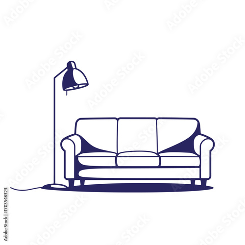 Simple blue illustration of a couch and lamp for interior design concepts