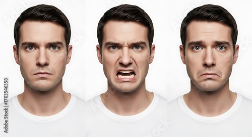 Man showing three different facial emotions