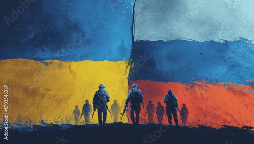 Silhouettes of soldiers march against a backdrop of blended flags