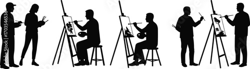 Silhouettes of artists painting on canvas, creative people, artistic activity, painters with brushes, easels, art studio, creativity, expression, hobby