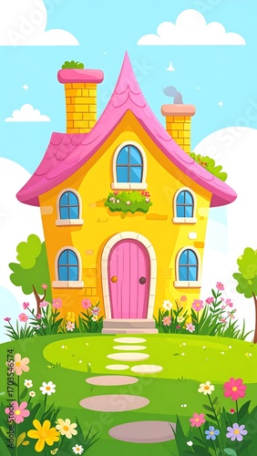 Cartoon whimsical house in a garden