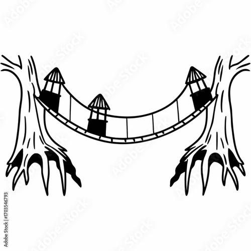Minimilist illustration of a rope bridge with three small towers connecting two trees in black and white style vector