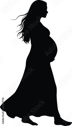 Silhouette of pregnant woman walking with long hair and dress, peaceful maternity concept for pregnancy, motherhood, and feminine strength vector