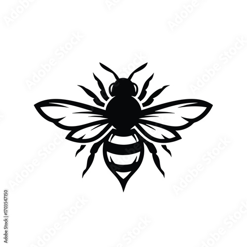 Stylized Black Silhouette of a Bee with Detailed Wings and Stripes.