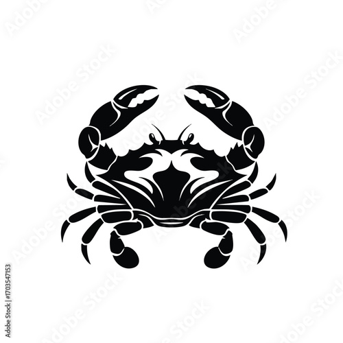 Detailed black and white illustration of a crab with claws and legs.
