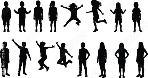 Silhouettes of children jumping, standing, playing, boys and girls, active kids, energetic movement, childhood fun, dynamic poses, youth, diverse kids