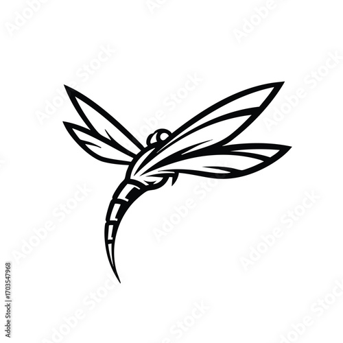 Stylized black and white dragonfly illustration in flight.