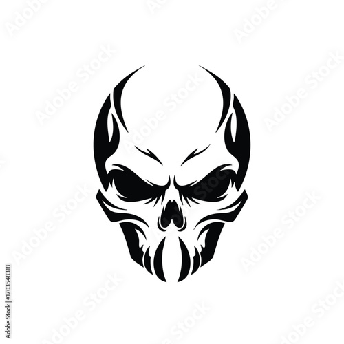 Stylized Skull Illustration with Tribal Accents for Tattoo or Graphic Design.