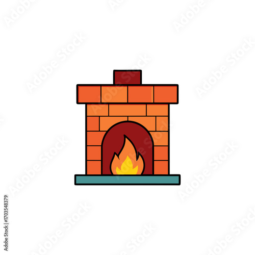 Illustration of a brick fireplace with fire on transparent background