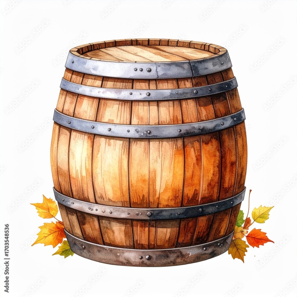 Obraz premium Wooden Barrel with Metal Bands and Autumn Leaves in Watercolor Illustration on Isolated White Background