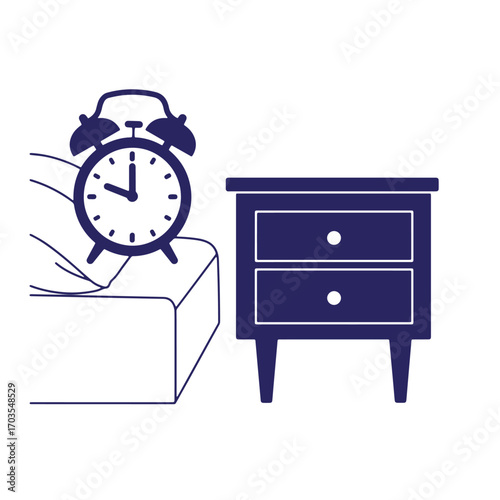 Simple illustration depicting alarm clock on bed with nightstand isolated on white