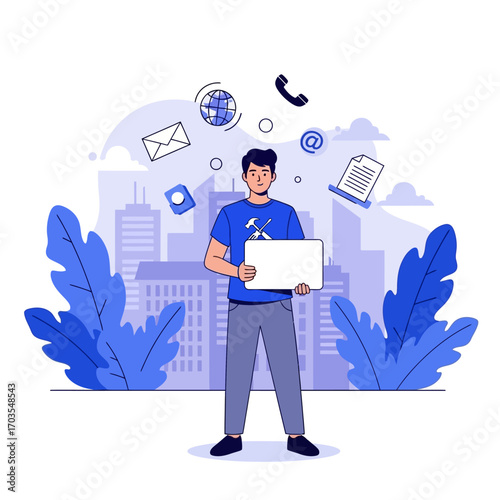 Man holding a tablet with communication icons floating around him