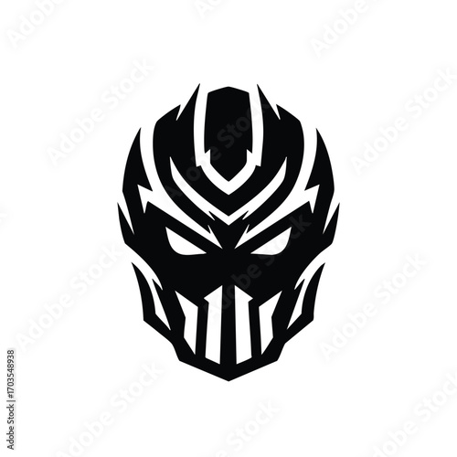 Stylized black warrior mask with a fierce angular design.