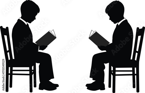 Silhouette of boy reading book, sitting on chair, side view, education concept, learning, childhood, literacy, quiet study, kid with book