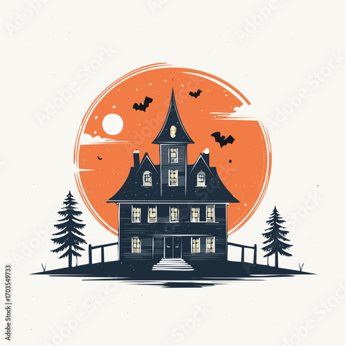 haunted mansion under spooky orange moon with bats