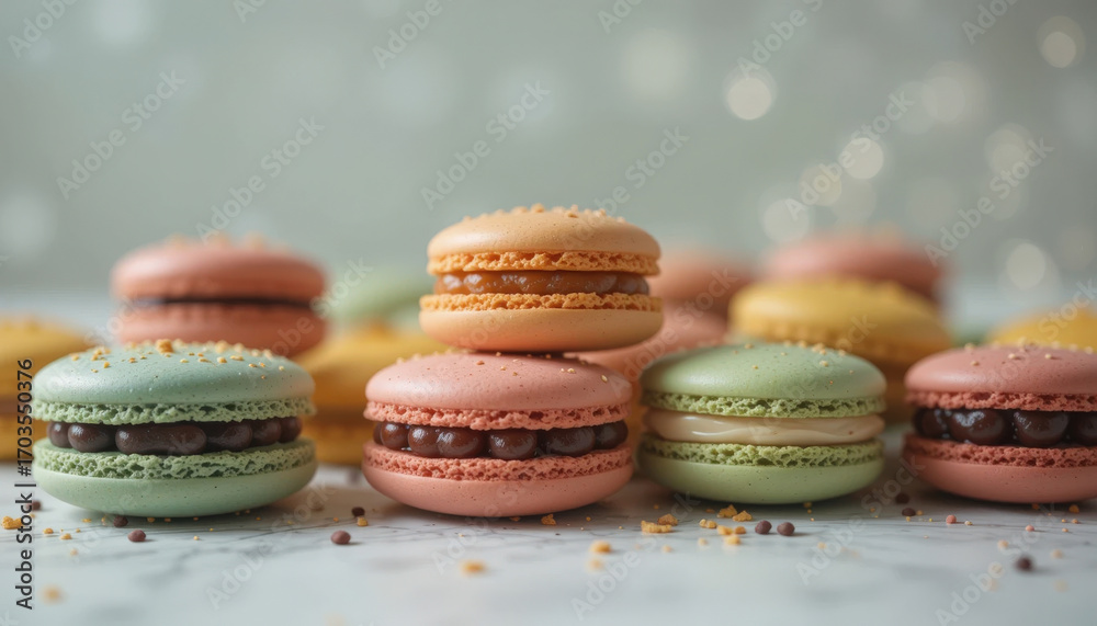 Fototapeta premium Colorful Macarons Stacked on Marble Surface
