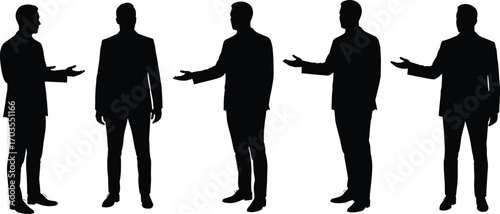 Silhouettes of businessmen standing, explaining, hand gestures, corporate communication, isolated on white, vector clipart, formal attire, professional pose