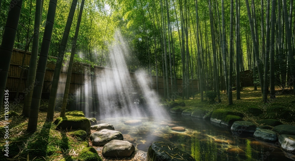 Obraz premium Sunbeams Over Tranquil Bamboo Forest Hot Spring