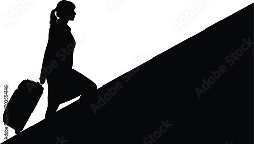 Silhouette of woman boarding with suitcase, business travel concept, female traveler going up aircraft stairs in vector black design.