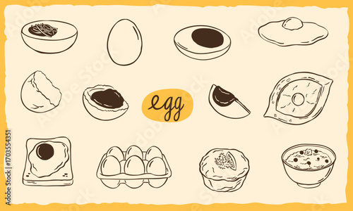Egg food dish doodle hand drawn sketch illustration - vector line art collection