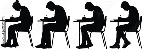 Silhouette students sitting, writing exam, classroom desks, taking test, focus on education, academic pressure, school test, study, learning, indoors