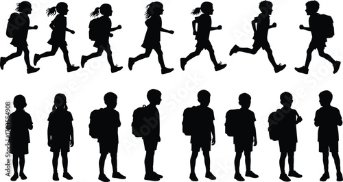 Silhouette of children running, walking, and standing, school students with backpacks, educational concept, back to school vector illustration