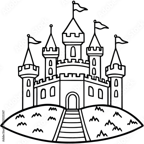 Vector illustration of a fantasy medieval castle with towers and flags