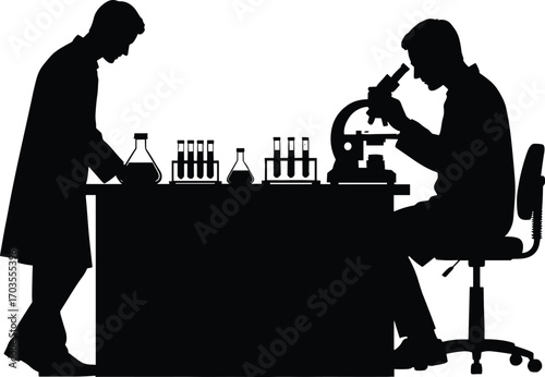 Silhouette of scientists working in laboratory, using microscope and equipment, performing experiments, scientific research, chemistry and lab analysis