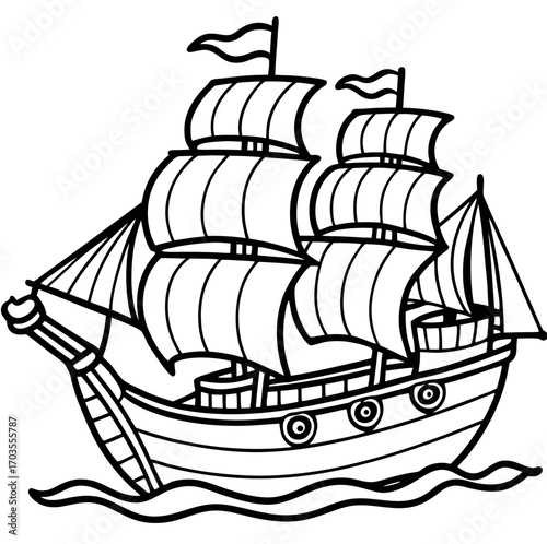 A vector illustration of a pirate ship silhouette with a big sail sailing on the sea