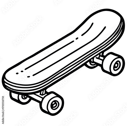 Isolated skateboard illustration with red wheels, a fun object of childhood transportation