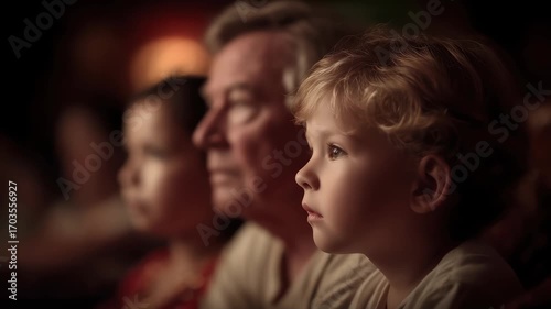 A family watching a performance attentively in a theater audience