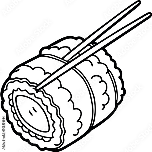 Hand drawn vintage illustration of sushi with chopsticks, a tasty art design