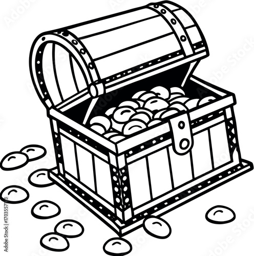 Treasure chest with gold coins, an antique wooden box with a lock, isolated on white