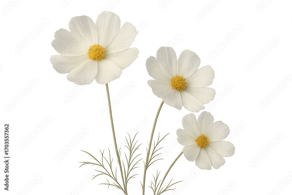 Fototapeta premium Three delicate white cosmos flowers blooming gracefully on transparent background, perfect for nature-themed projects