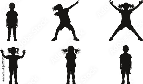 Silhouettes of playful children standing, dancing, jumping, raising hands, showing various fun and expressive body poses, childhood joy concept