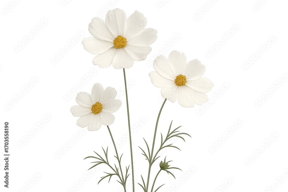 Fototapeta premium White cosmos flowers blooming on transparent background, perfect for design projects related to nature, spring, or summer
